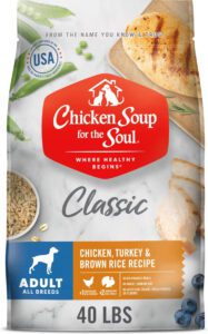 Chicken Soup for the Soil Chicken, Turkey, and Brown Rice adult dry dog food.