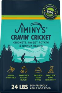 Jiminy's Craving Crickets alternative protein dog food packaging.