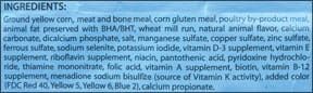 A food label showing artificial preservatives in dog food.