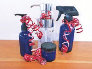 Homemade dog shampoo in reusable glass bottles