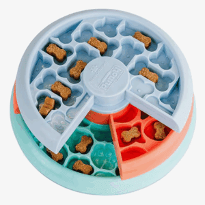 Outward hound combined a puzzle feeder, lick mat, and slow feeder into a single puppy teething toy.