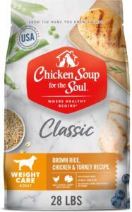 Chicken Soup for the Soul Weight Care Brown Rice Chicken and Turkey Recipe dog food packaging.