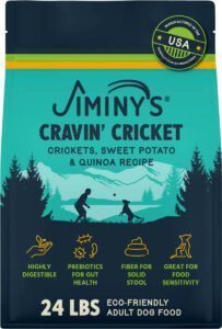 Jiminy's Craving Crickets alternative protein dog food packaging.